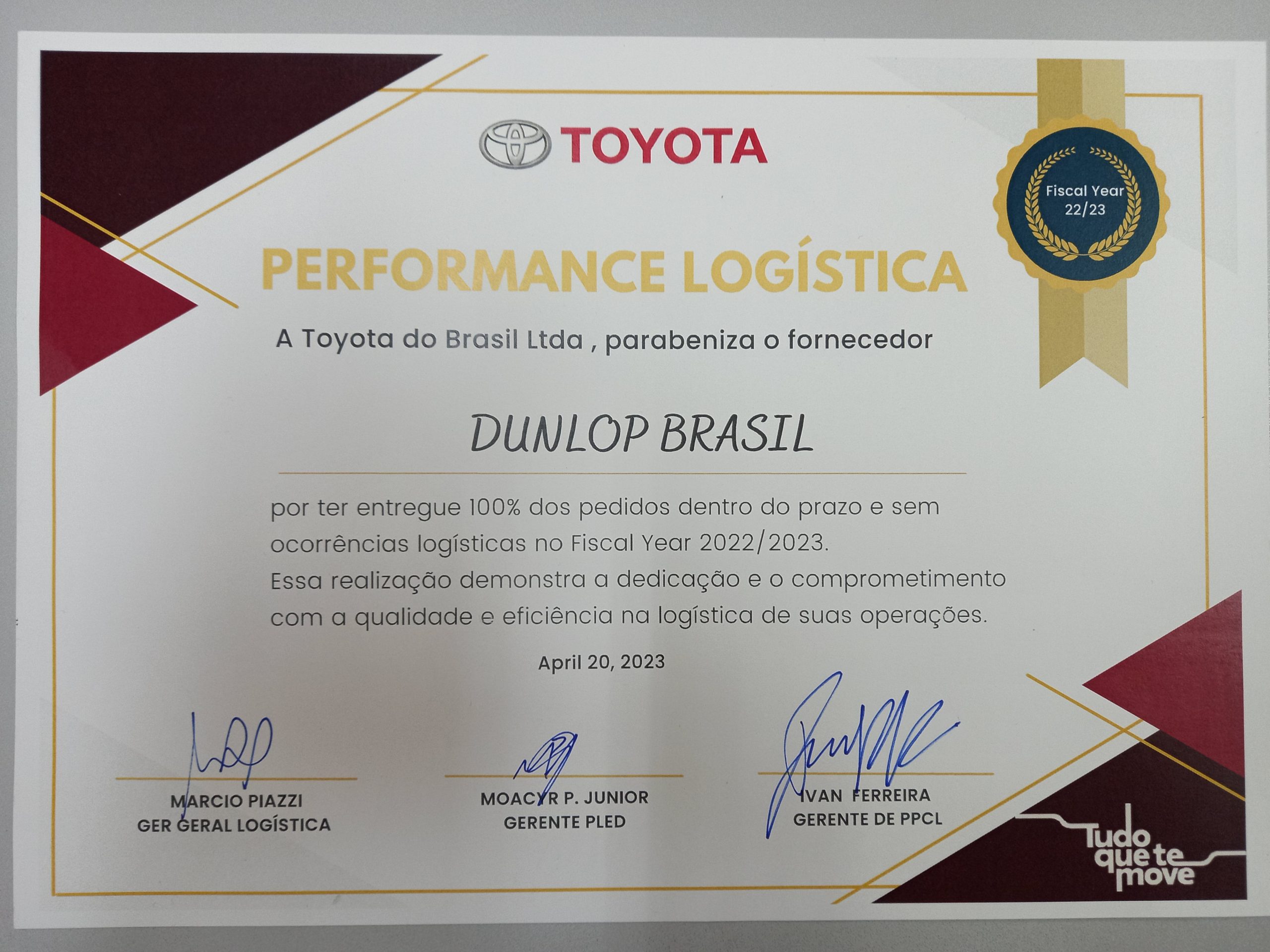 Sumitomo Rubber do Brasil é reconhecida pela Toyota com Prêmio de Excelência em Performance Logística